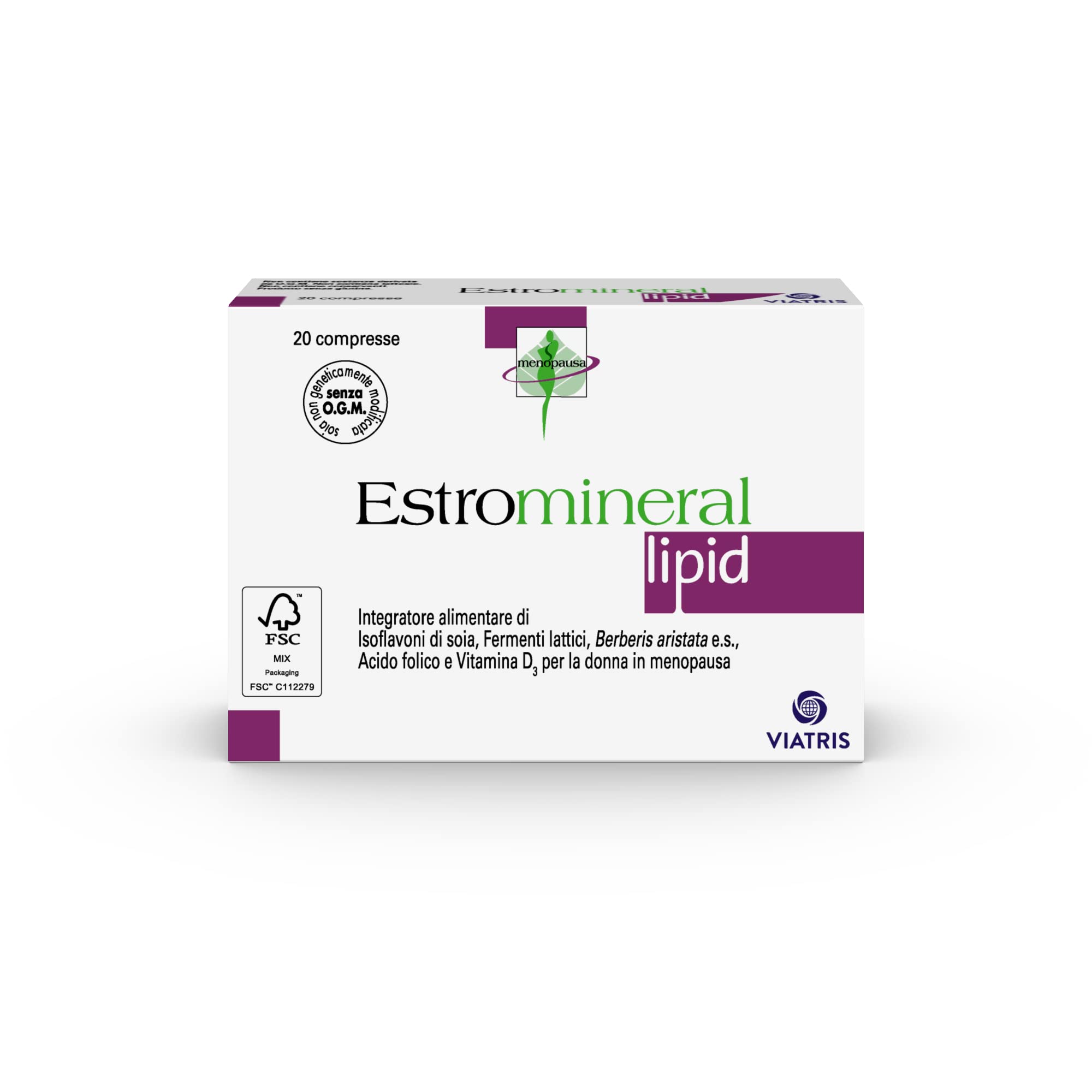 Estromineral Lipid, 20 Compresse, Integratore per Menopausa e Controllo del Colesterolo e Trigliceridi, con Soia, Fermenti Lattici, Berberis, Acido Folico, Calcio, D3. Senza Glutine e Lattosio.