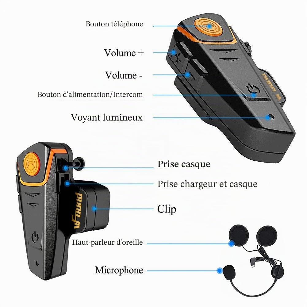 BT-S2 1000m Bluetooth Headset Étanche BT Moto Casque Intercom Casque pour 2 ou 3 Pilotes et 2,5 mm Audio pour Walkie Talkie GPS Lecteur MP3 Mains Libres Radio FM (1 Pack)