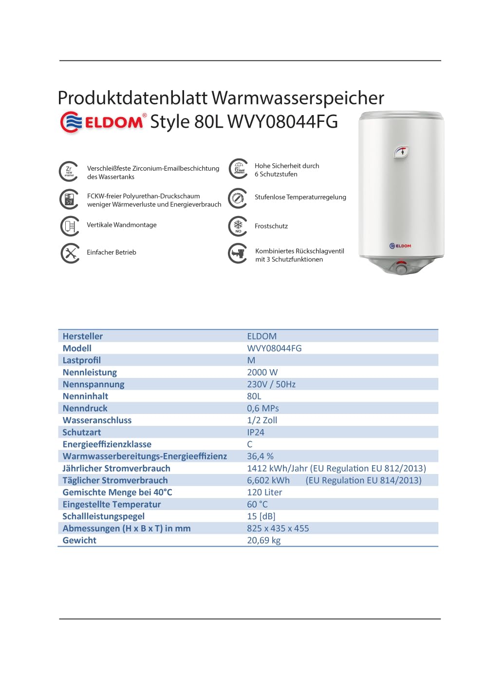 Warmwasserspeicher Warmwasserboiler Eldom Style 80L druckfest | inkl. Kombi-Rückschlageventil und Kabel mit Stecker, 2000W, 230V