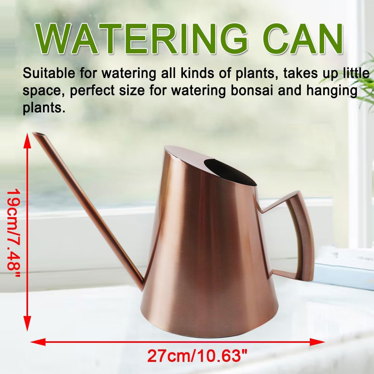 Annaffiatoio per piante da interno, 1,5 l, in acciaio inox, per interni, annaffiatoio lungo, con manico comodo, per famiglia, ufficio, 27 x 19 cm