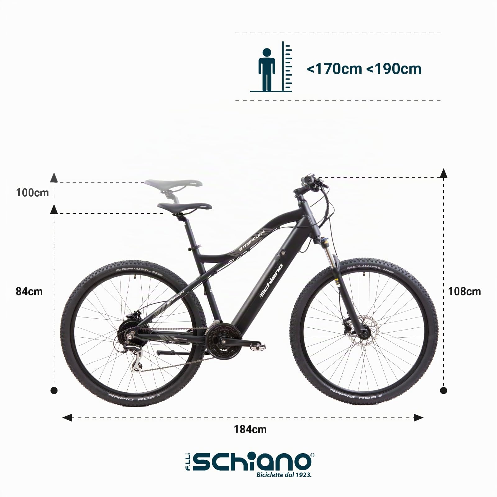 F.lli Schiano E-Mercury, Bicicleta Electrica MTB, 29", Batería 36V 11.6Ah Extraíble, Motor 250W 50Nm, Bici Electrica de Montaña, Unisex Adulto