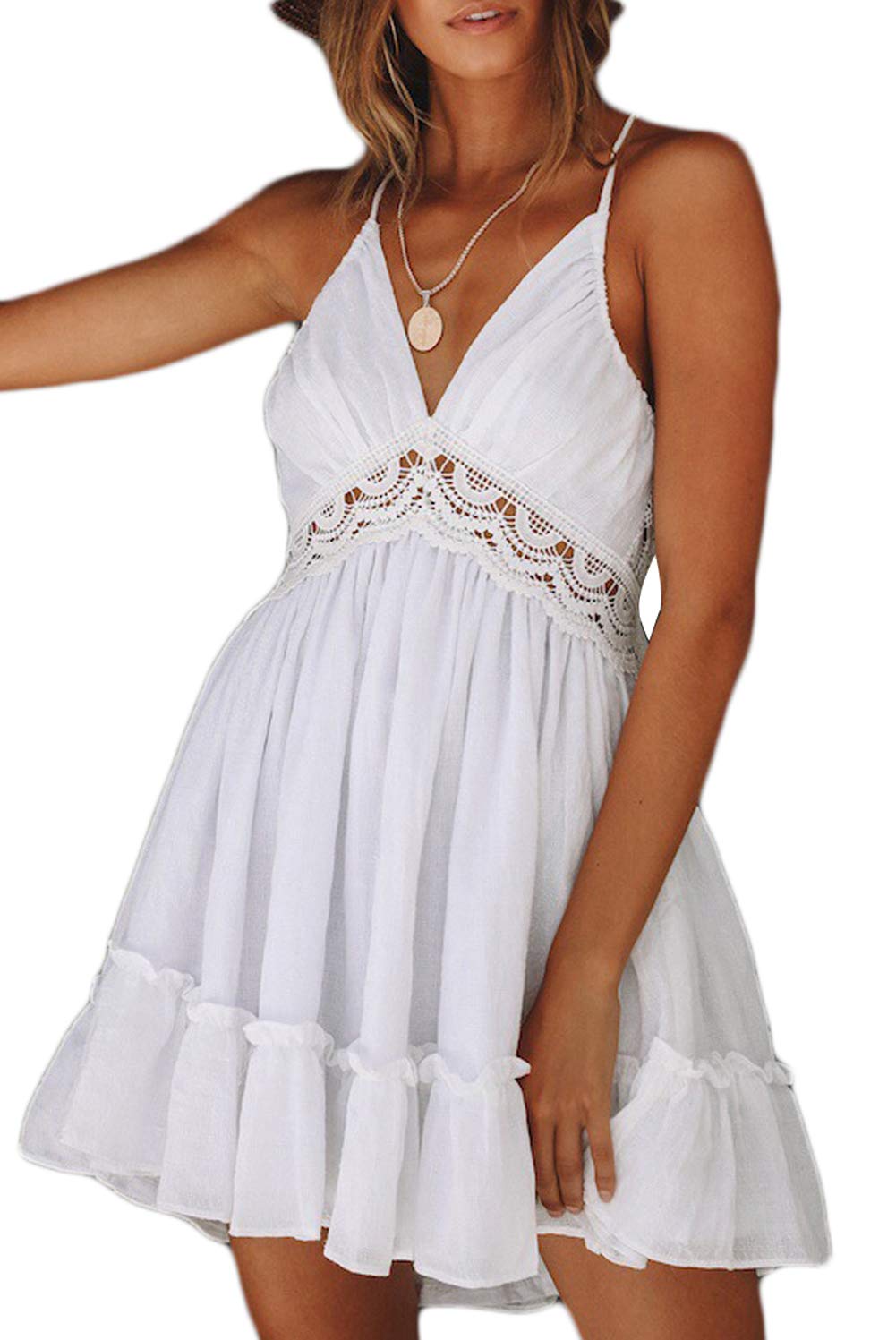 AniKigu Womens Sexy V-Neck Spaghetti Strap Backless Sleeveless Lace Mini Swing Dress Summer Evening Party Beach Dresses Sundress Floral Printed Short Dress, White