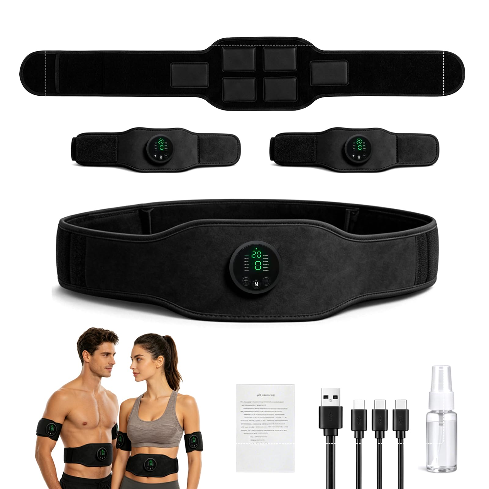 Set di Allenamento EMS Elettrico per Addominali, 3 dispositivi Principali, 2 Pad per Braccia, 1 Cintura, 12 modalità, 19 Livelli di intensità, Unisex, Adatto Anche per Gambe e Schiena