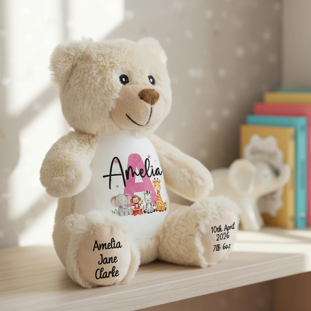 Personalised New Baby Girl Classic Teddy Bear with Pink Name & Initial, Safari Animal Design with Elephant, Monkey - Image 4