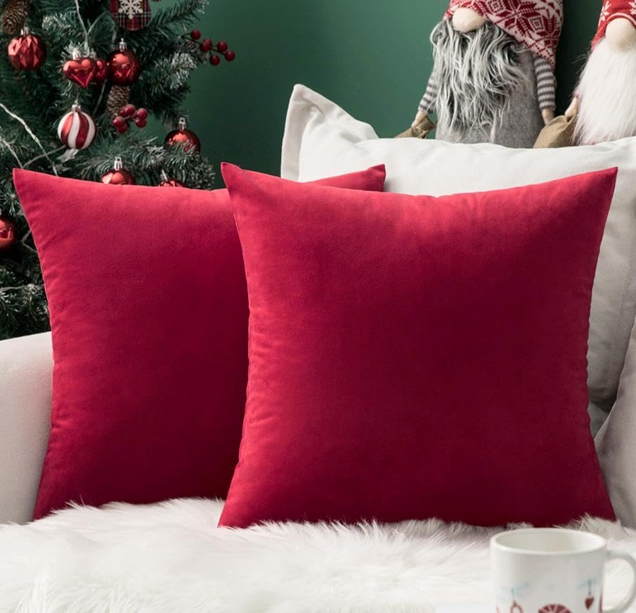 MIULEE Pack of 2 Christmas Velvet Pillow Covers Decorative Square Pillowcase Soft Solid Cushion Case Home Decor for Sofa Couch Bedroom Car 20x20 Inch Red 20" x 20" (Pack of 2) Red