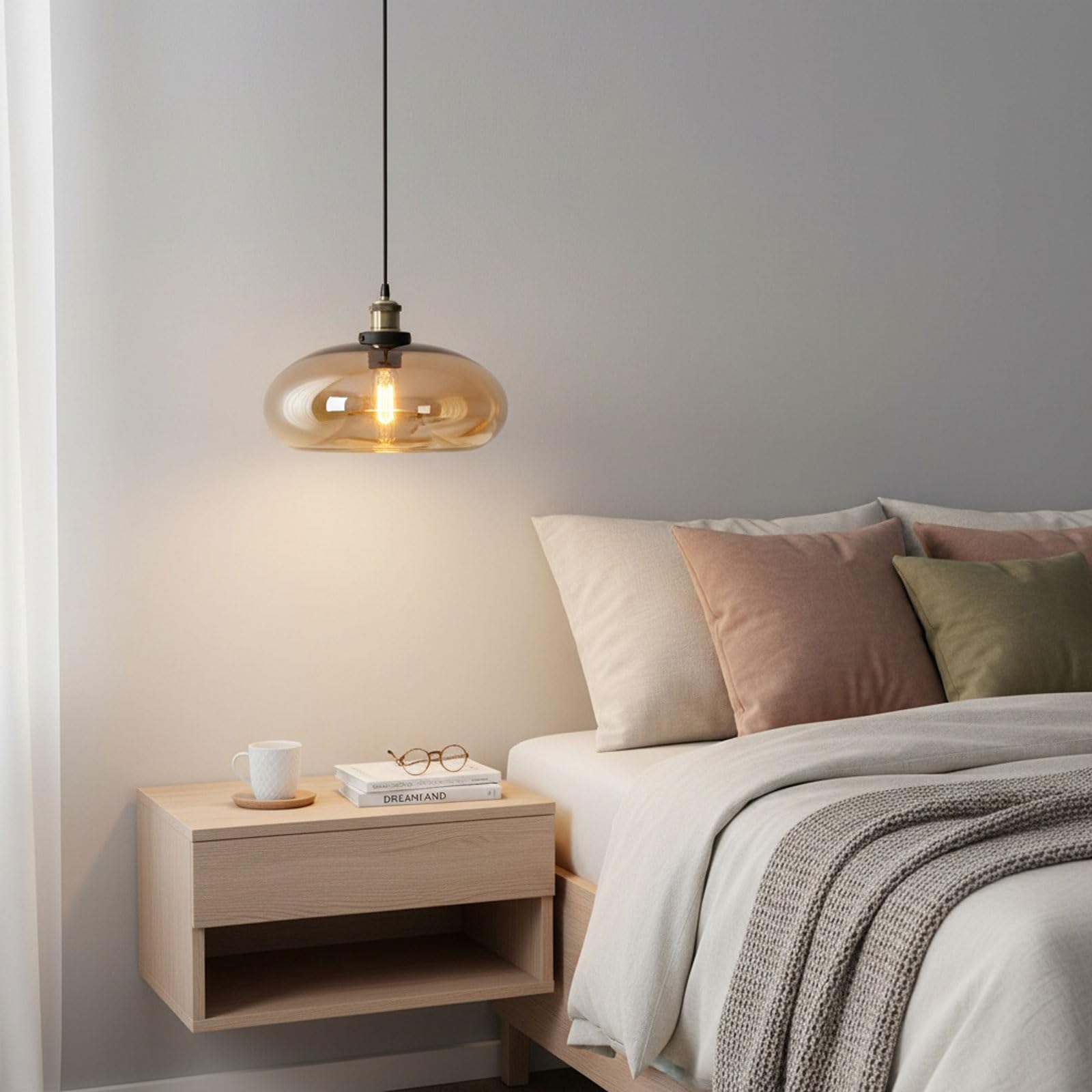 Lampada a Sospensione in Vetro Ambra 28 cm Stile Industriale Vintage Regolabile per Cucina Camera da Letto Sala da Pranzo Compatibile con Lampadina E27 (Ambra)