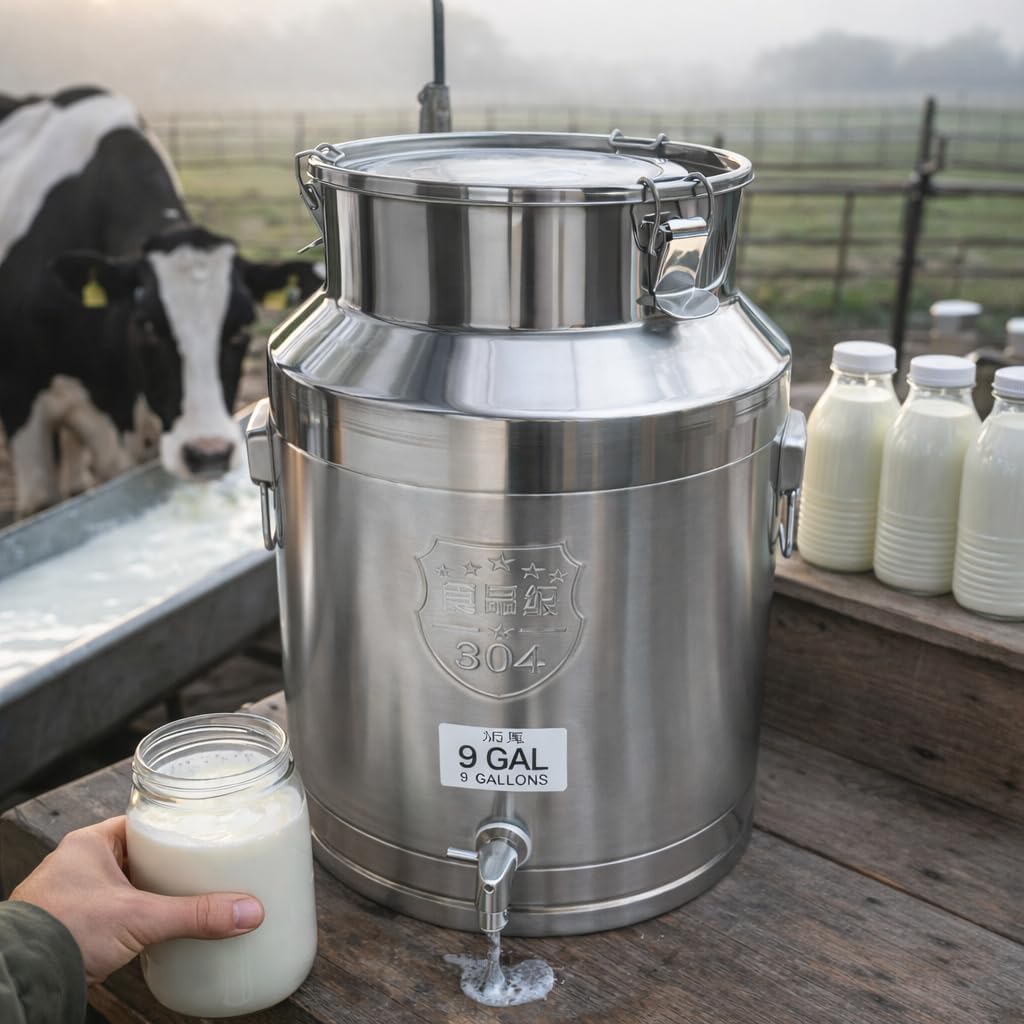 9.3 Gallon 304 Stainless Steel Milk Can with Lid, Heavy Duty Sealed Milk Bucket, Large Metal Storage Container for Milk, Wine, Oil, Water