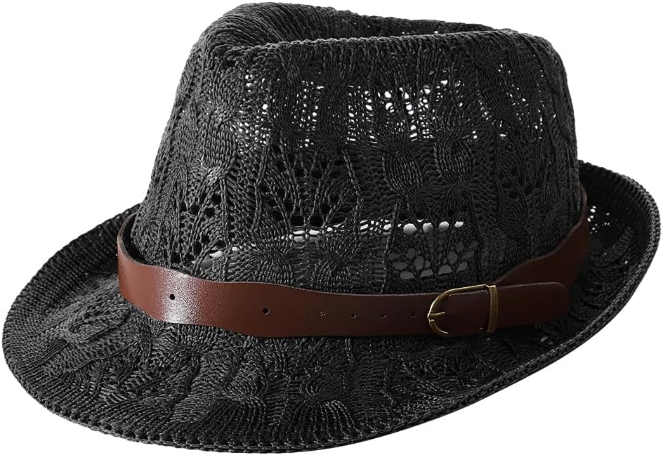 Summer Mesh Fedora Hat Short Brim Trilby Sun Hat Breathable Knit Panama Cap Packable Jazz Cap Unisex