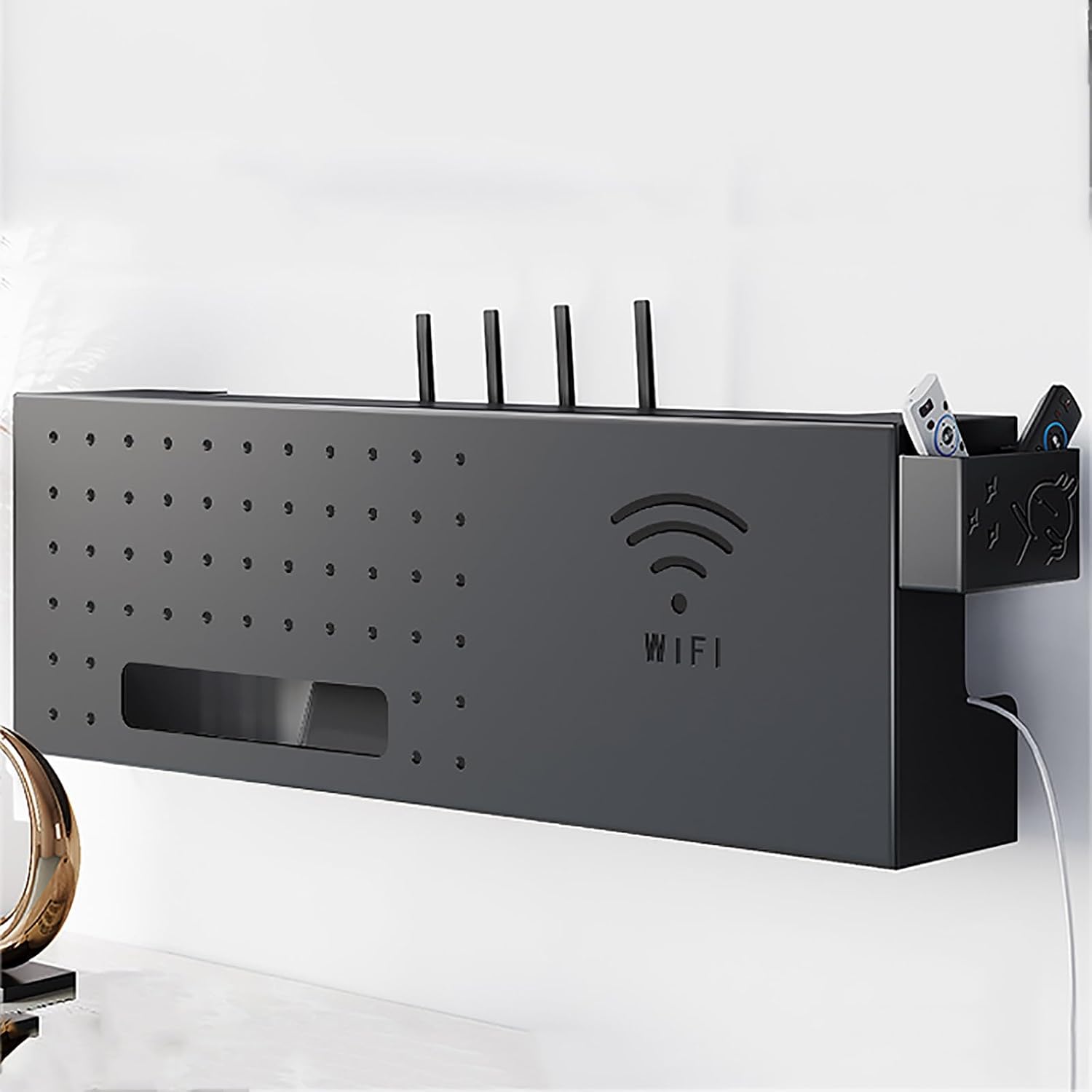 Wall Mounted Wireless WiFi Router Shelf Storage Box, Metal Cable Storage Box, WiFi Router Art Shelf Decor, for Storage of Wires, Routers, TV Set-Top Boxes(Color:Black,Size:L)