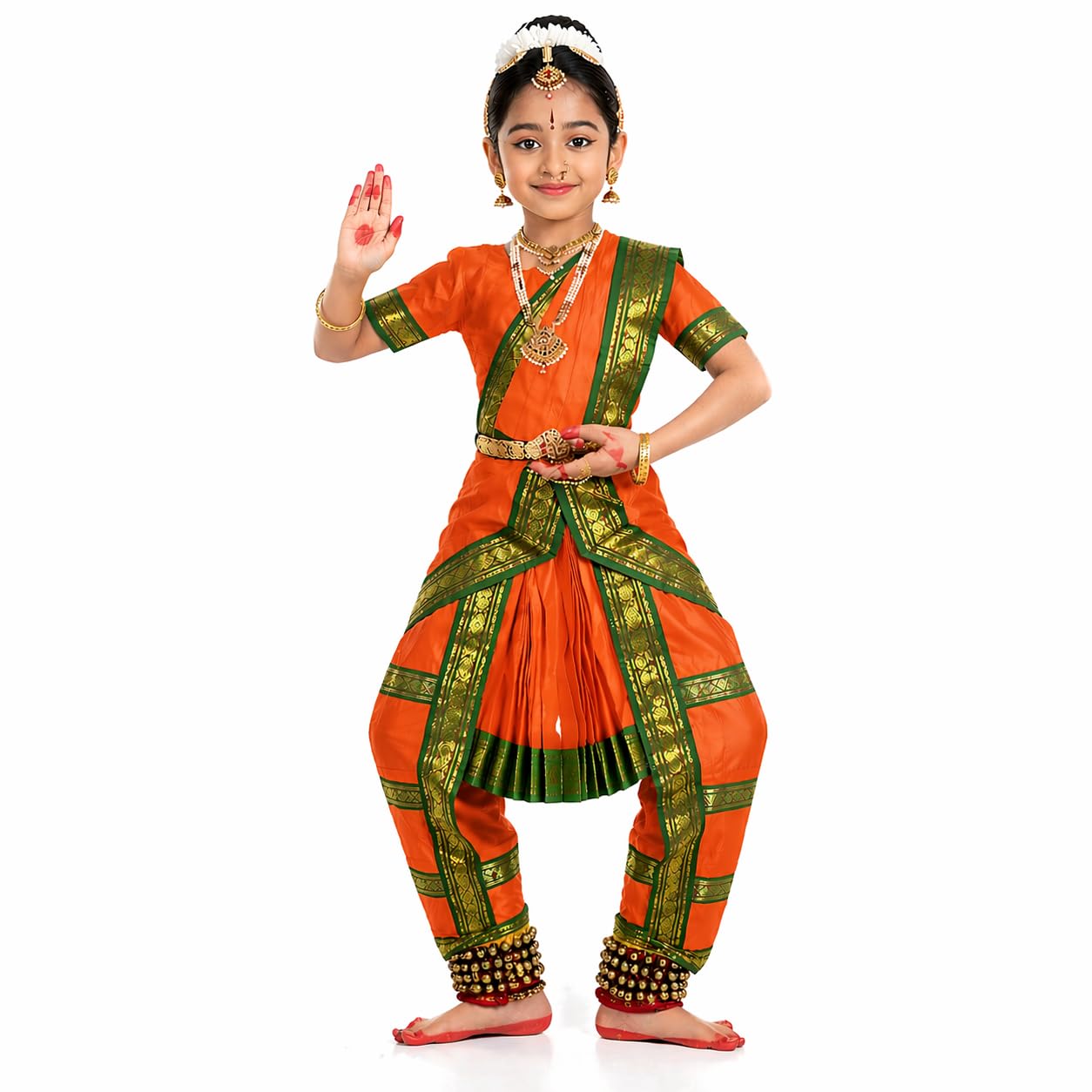 Raj Costume Kids Bharatanatyam Dance Costume for Girls Classical Dance Dress Set | Pre-Stitched Outfit with Pleats Blouse Dhoti Style Bottom | Fancy Dress for School Function Festival Performance Wear-image-30