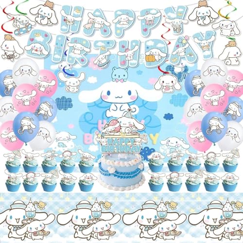 HANISNA 49 Psc For Cinnamoroll Birthday Decorations Party Supplies Set Include Banner Backdrop Balloons Hanging Swirls Cake Cupcake Toppers Tablecloth for Kids Cinnamoroll Theme Party
