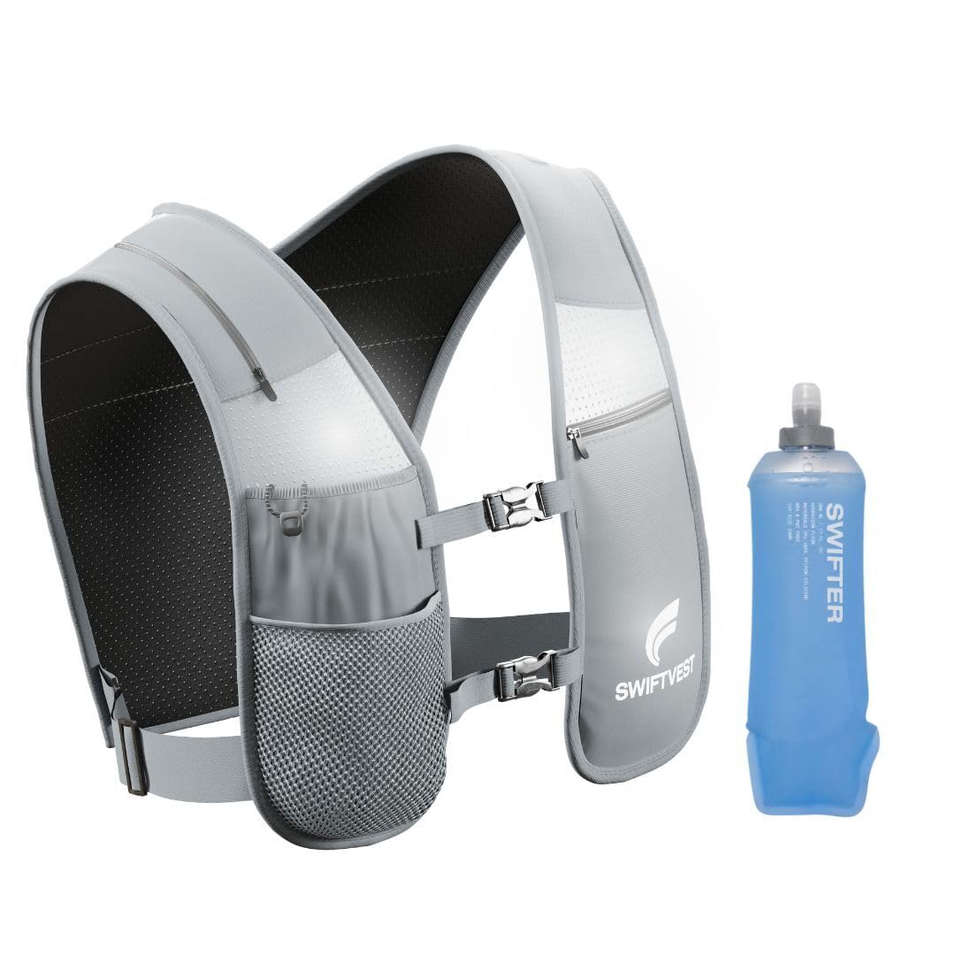 Laufweste für Damen & Herren – Leichte, Reflektierende Trinkweste mit 500 ml Trinkflasche & Handytasche – Verstellbar & Unisex – Laufzubehör (Grey, M-L)