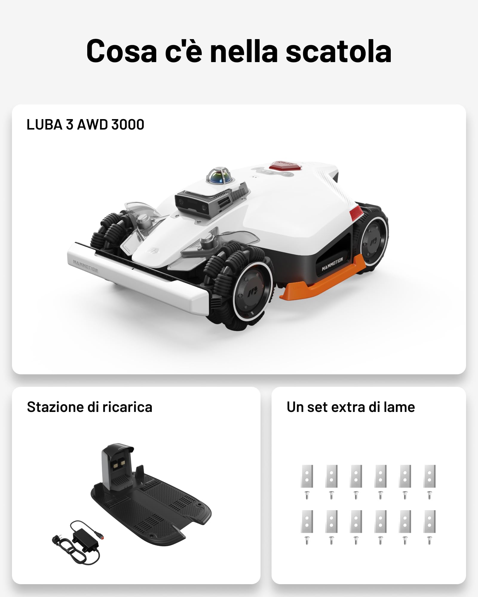 MAMMOTION LUBA 3 AWD 3000 Robot Tagliaerba Senza Filo Perimetrale, Posizionamento LiDAR+NetRTK+AI Vision Tri-Fusion 360°, Trazione Integrale Pendenze all'80%, fino a 30 Zone, Altezza di Taglio 25-70mm