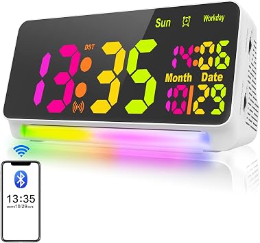 PERSUPER 120db Super Loud Alarm Clock for Heavy Sleepers, Bluetooth Connection, 15 Wake Up Sounds, 7 Color Night Light, Dynamic RGB Color Changing, 0-100% Dimmer, Snooze, Digital Clock for Bedroom