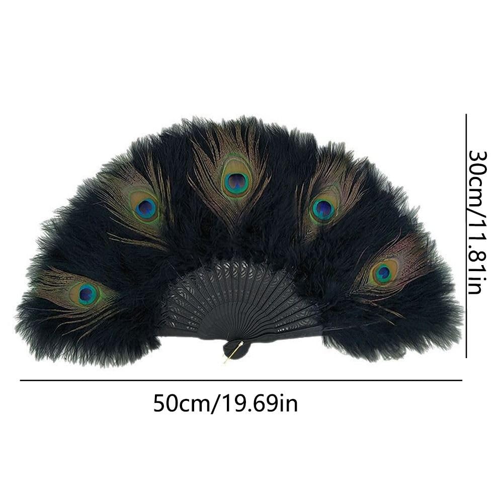 Abanico de plumas de pavo real plegable hecho a mano, decoración de boda, fiesta, baile, cosplay, ventilador portátil (azul)