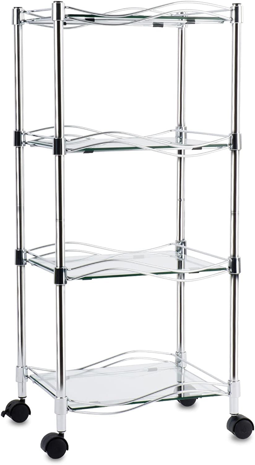 Estantería de cristal Luna | 4 niveles con ruedas | estantes de cristal de seguridad | estantería con ruedas para baño, salón o cocina (40 x 30 x 89 cm)