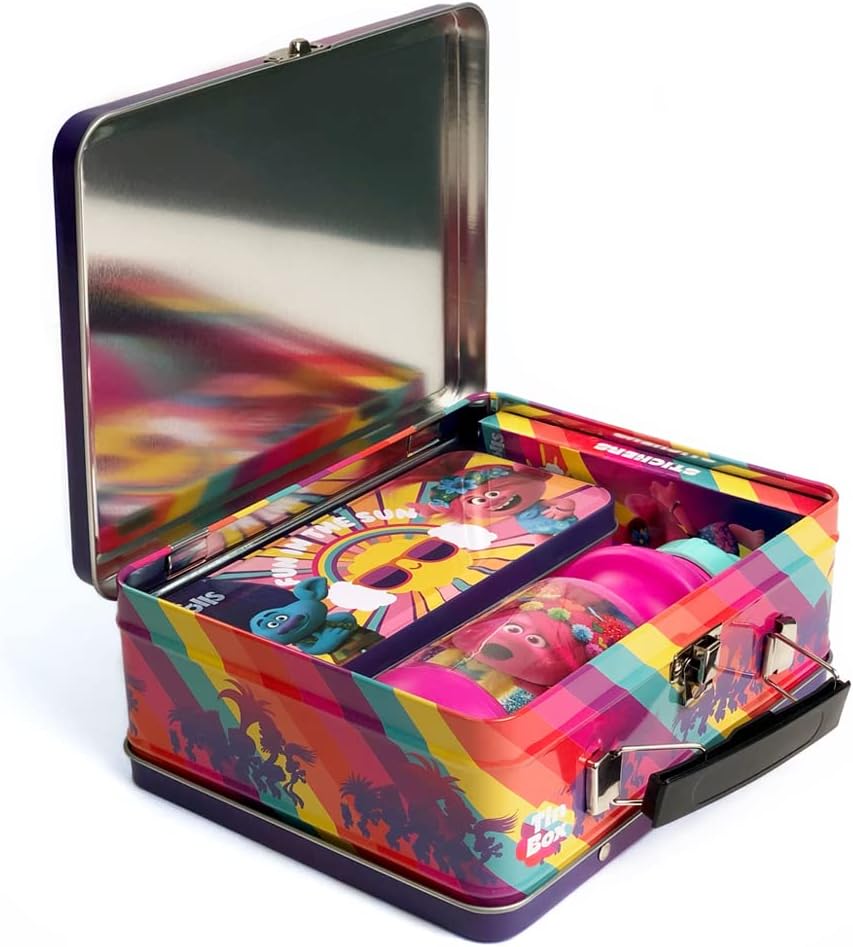 Megatoys Trolls Gift Set- Trolls Lunch Tin Box, water bottle, puzzle, stickers, and Pencil Case.