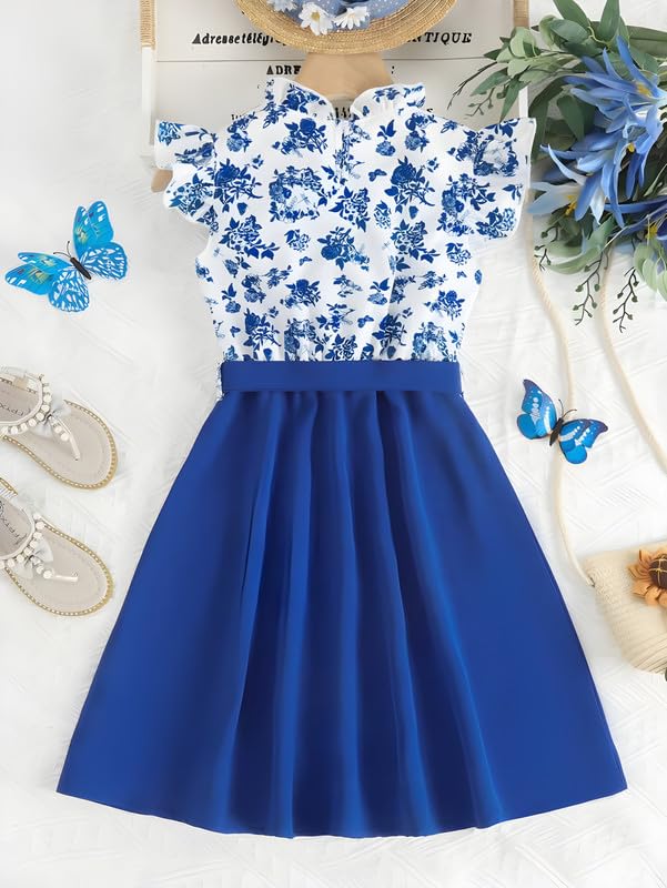 Image of Niren Enterprise Girl's Floral Pattern Rayon Frock Dress with Cap Sleeve Round Neck Knee Length and A-Line Pull On Closure Type
