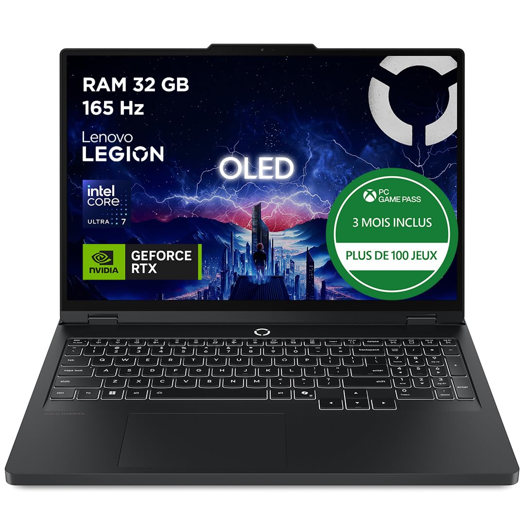 Lenovo Legion Pro 5 16IAX10H - Ordinateur Portable Gaming 16'' OLED WQXGA 165Hz (Intel Ultra 7 255HX, RAM 32Go, SSD 1To, NVIDIA RTX 5070 8GB, Windows 11) Clavier rétroéclairé en Blanc AZERTY - Noir