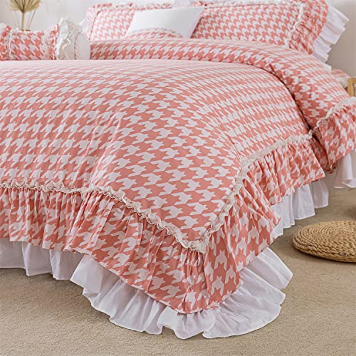Fadfay Pink Swallow Grid Duvet Cover Set Houndstooth Girls Bedding Sets 18 Inch Drop Ruffle Checked Bed Skirt 100% Cotton Soft Breathable Women Lace Plaid Bedding For All-Season (4Pcs, King) #TOP2