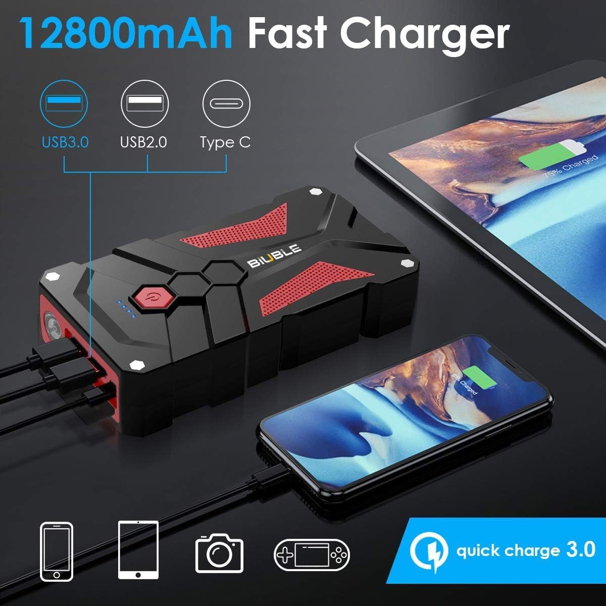 Booster Batterie Voiture 4000A, 12800mAh Démarreur de Voiture(Jusqu'à 7.0L Essence ou 5.5L Gazole), 12V Jump Starter avec Pinces de Sûreté Intelligentes, Lampe à LED, Marteau de Sécurité