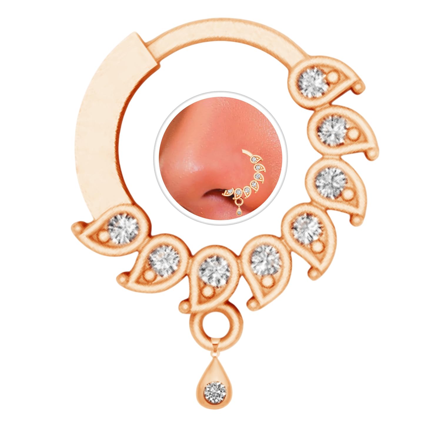 Rose Gold Plated Traditional Maharashtrian Nath Sparkle With Diamond Stones Piercing Marathi Nose Pin Nose Ring For Women and Girls-image-49