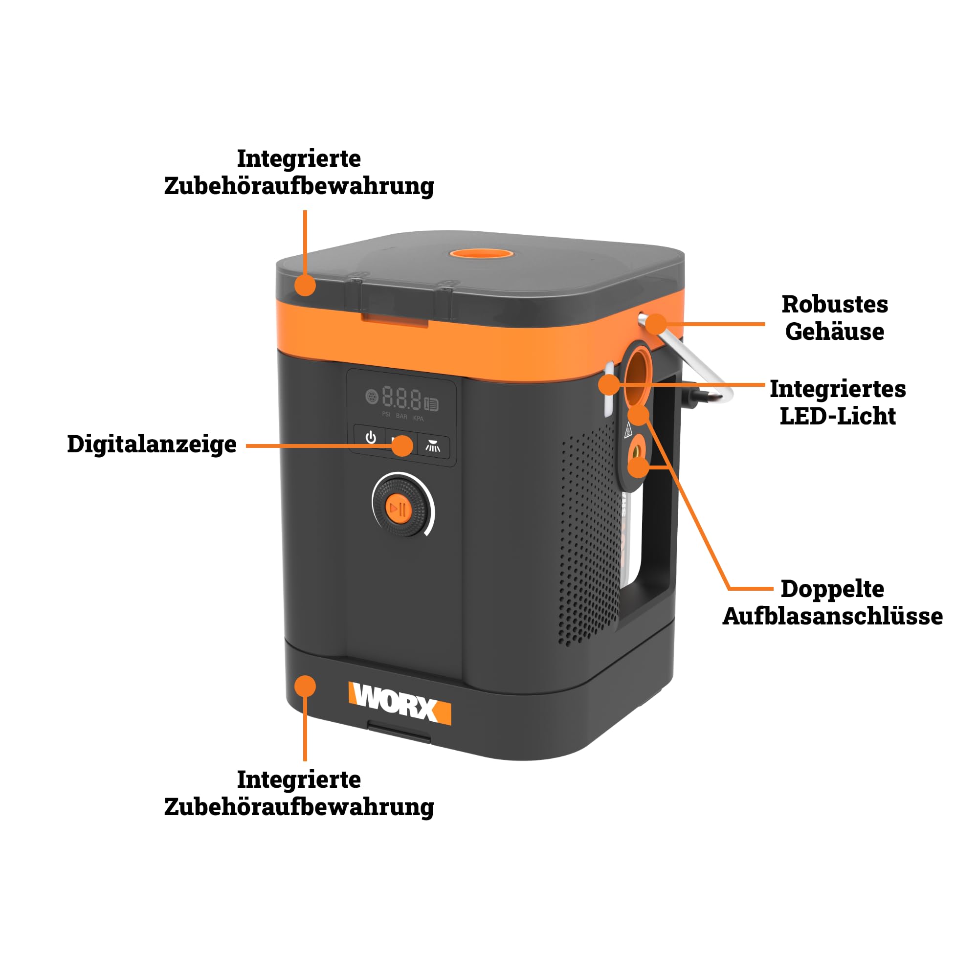 WORX WX098.9 Akku-Kompressor 20V, Multifunktions-Luftpumpe mit Hochdruck & Hochvolumen, Digitaldisplay, LED-Licht, max. 10,3 bar / 150 PSI, PowerShare kompatibel, ohne Akku & Ladegerät