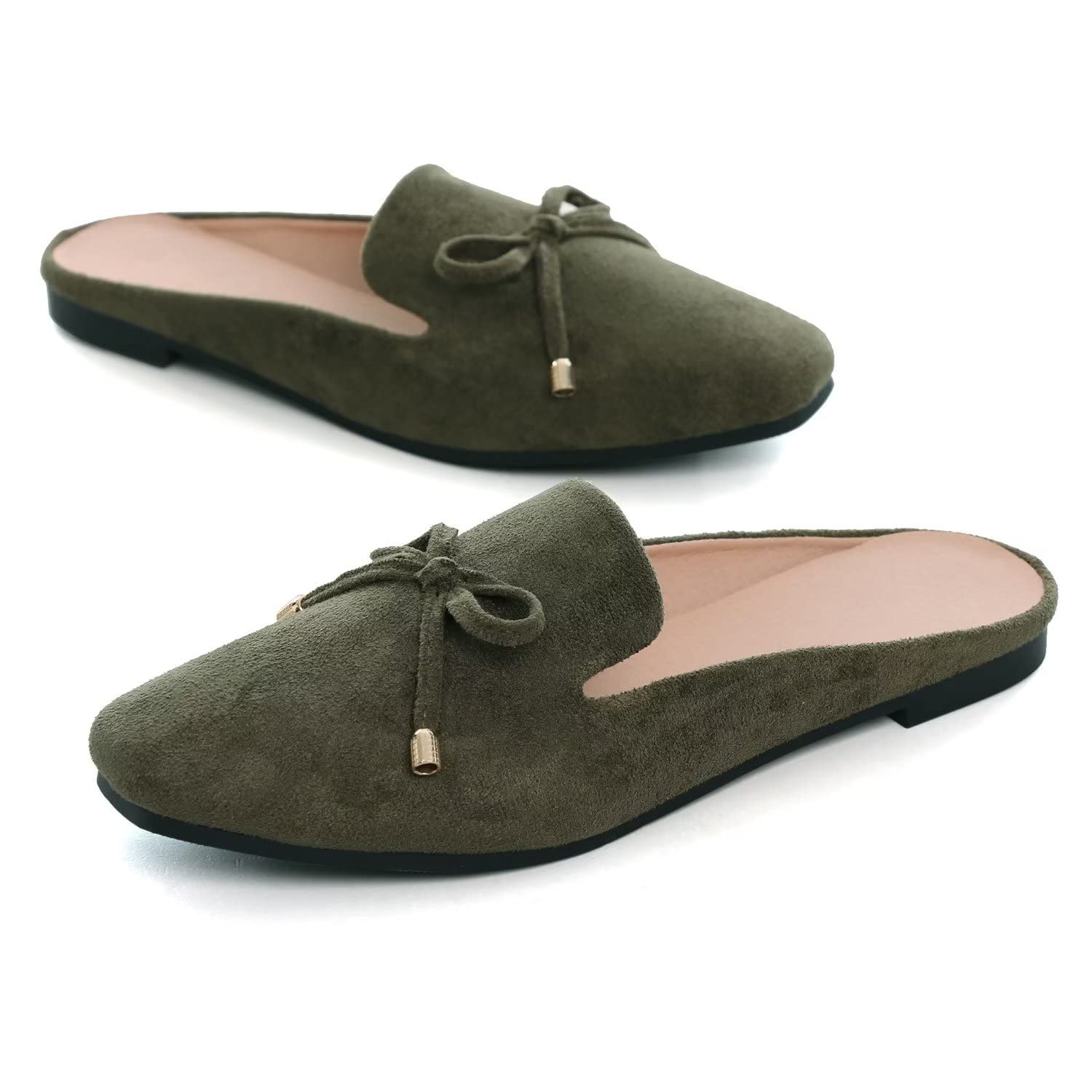 Hee grand Mules for Women Flats Square Toe Slip on Flat Slides Comfortable Suede Women Slippers Backless Loafer Shoes