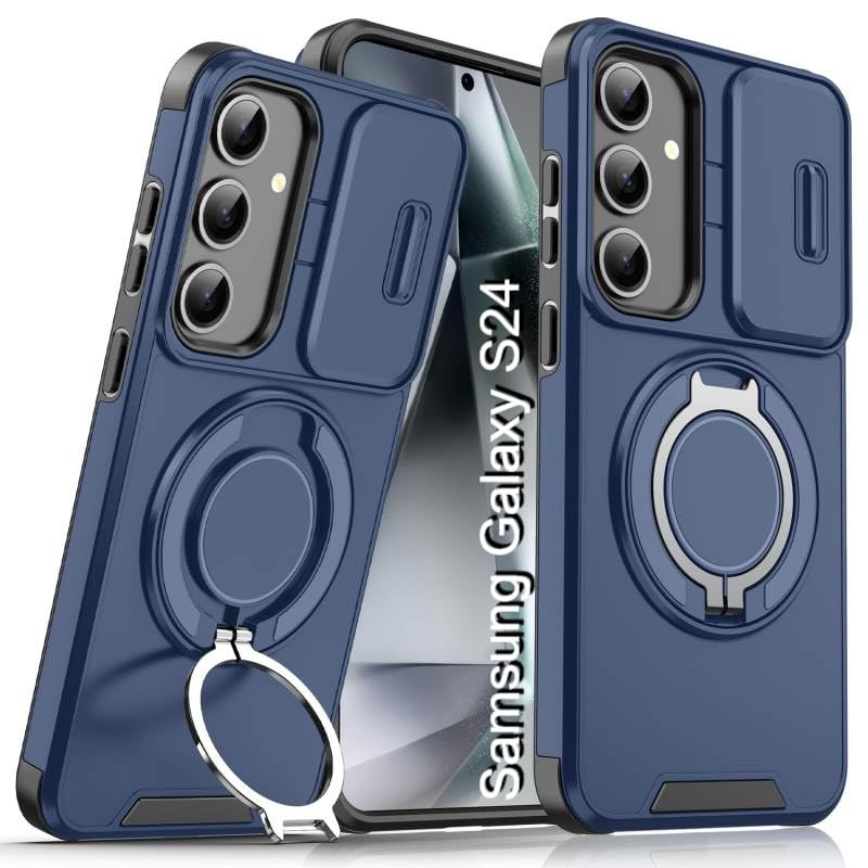 LuxuryKase Shockproof Rugged Case for Samsung Galaxy S24 | Slide Camera Cover | 360° Rotating Ring Kickstand | Military-Grade Protection – Navy Blue