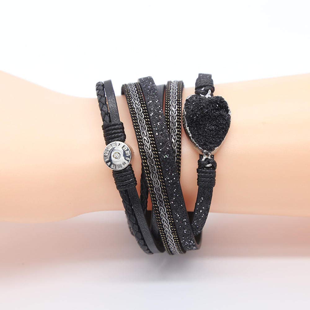 Lederarmband für Frauen, mehrschichtige Vintage Lederarmband Schwarzes Kristallgewebe-Leichtmetallzubehör Armband Lederarmband Weibliche Magnetschnallen Armband Personalisierte Kleidung Accessoires