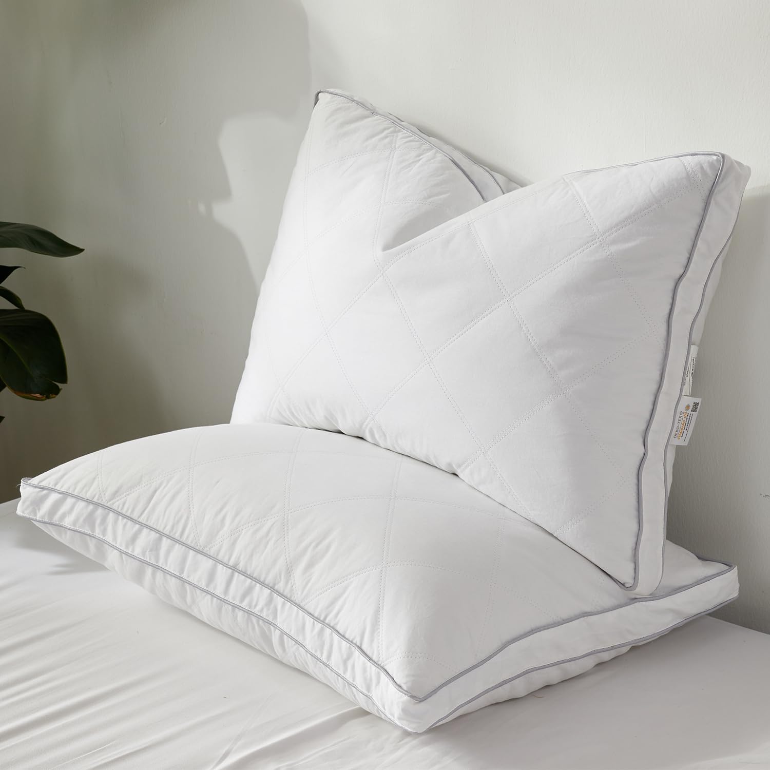 Dreamhood Luxury Goose Feather Down Pillow Queen Size Set of 2 - Made in USA Gusseted Hotel Bed Pillows with Premium 500 TC Cotton, Medium Firm Feather Down Pillow for Back 1.5"gussted White Queen (Pack of 2)