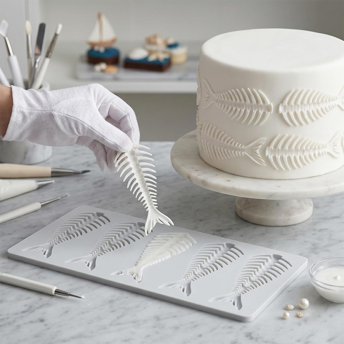wilcractk molde de silicona con forma de espina de pescado, 5 cavidades anchas para decoración y emplatado de repostería, resistente a altas temperaturas para fondant, chocolate y repostería creativa — view 4