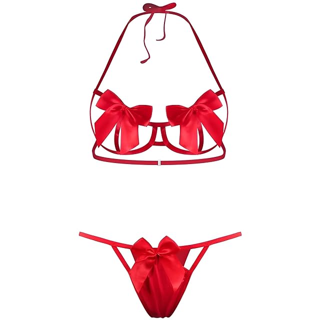 EASYLONGJEE Sexy Womens Exotic Lingerie Sets Bow Tie Hot Cute Teddy 2 Piece Lingerie Set Christmas Valentines Onesize