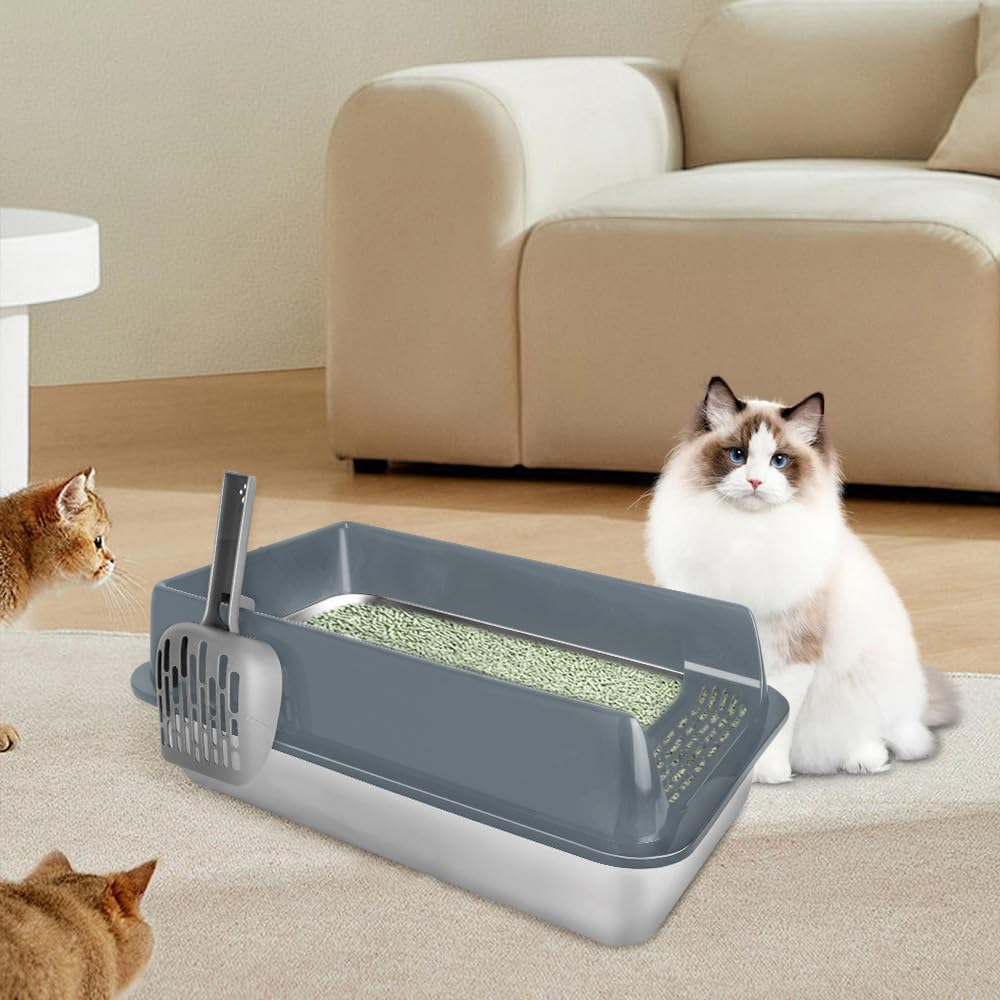 Maison de Toilette pour Chat,Bac à Litiere Haute en Acier Inoxydable, Bac Litiere pour Chat, Cat Litter Box, Pelle, 60 x 40 x 30 cm (Acier Inoxydable) (Gris)