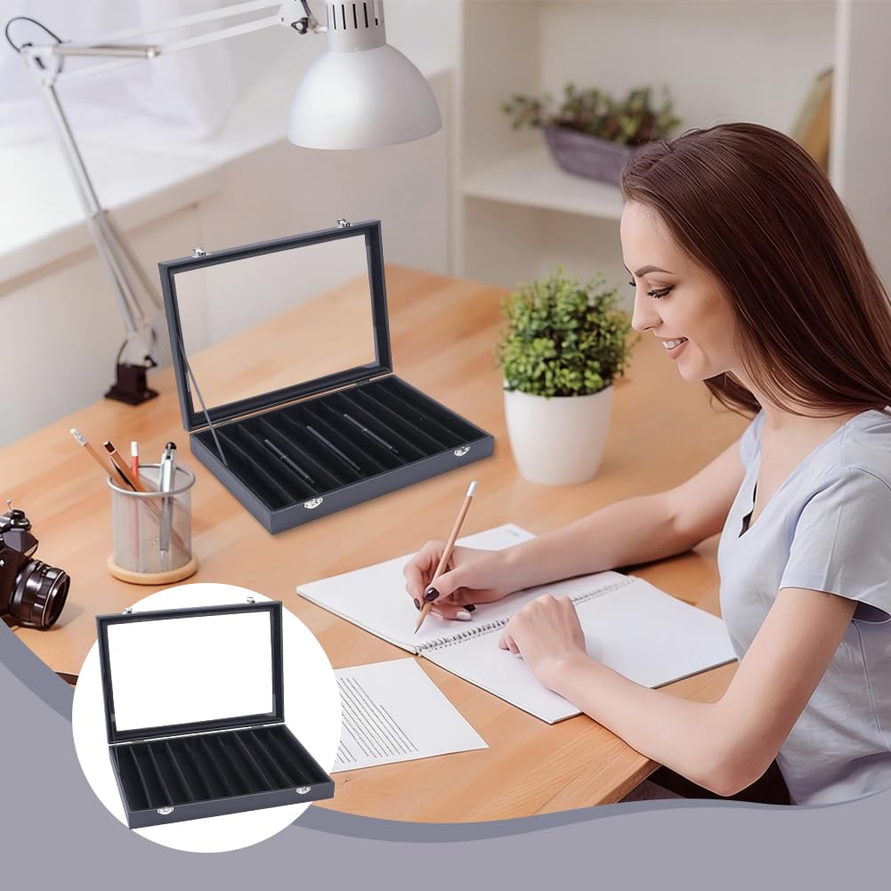 PH PandaHall 8 scomparti in pelle PU per penne stilografiche, scatola organizer nera con fibbia in metallo, custodia da collezione con finestra trasparente interna in velluto per ufficio, casa, regalo