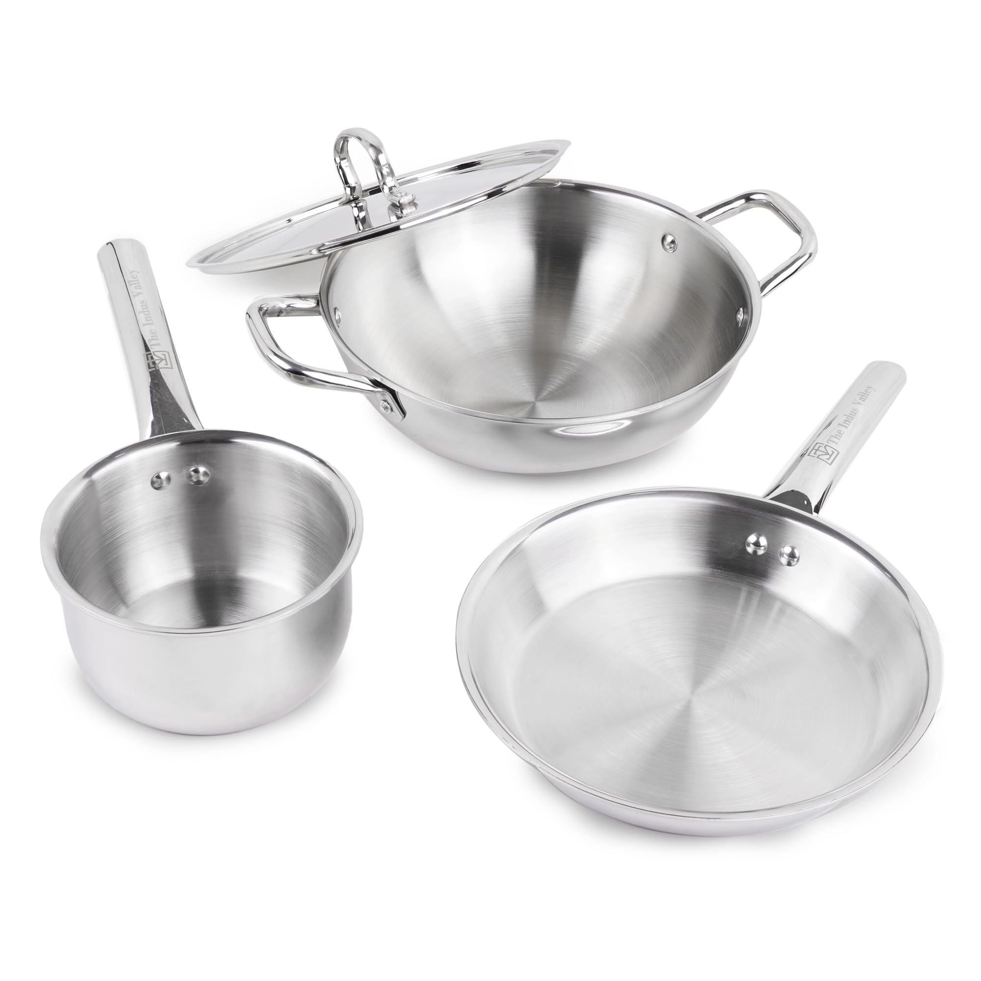 The Indus Valley Triply Stainless Steel Cookware Set | Kadai (24 cm/3 L)+ Fry Pan (22 cm/1.4L) + Sauce Pan (14cm/1.2L) | Kitchen Cooking Combo Pots & Pans Set of 4Pcs | Naturally Nonstick (B0D5YH3T1W) Amazon Price History, Amazon Price Tracker
