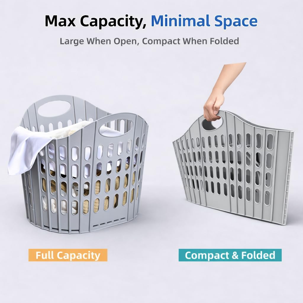 Collapsible Laundry Basket, Foldable Plastic Laundry Hamper with Handles, Space Saving Ventilated Laundry Basket for Bedroom Bathroom Dorm RV Apartment (Gray)