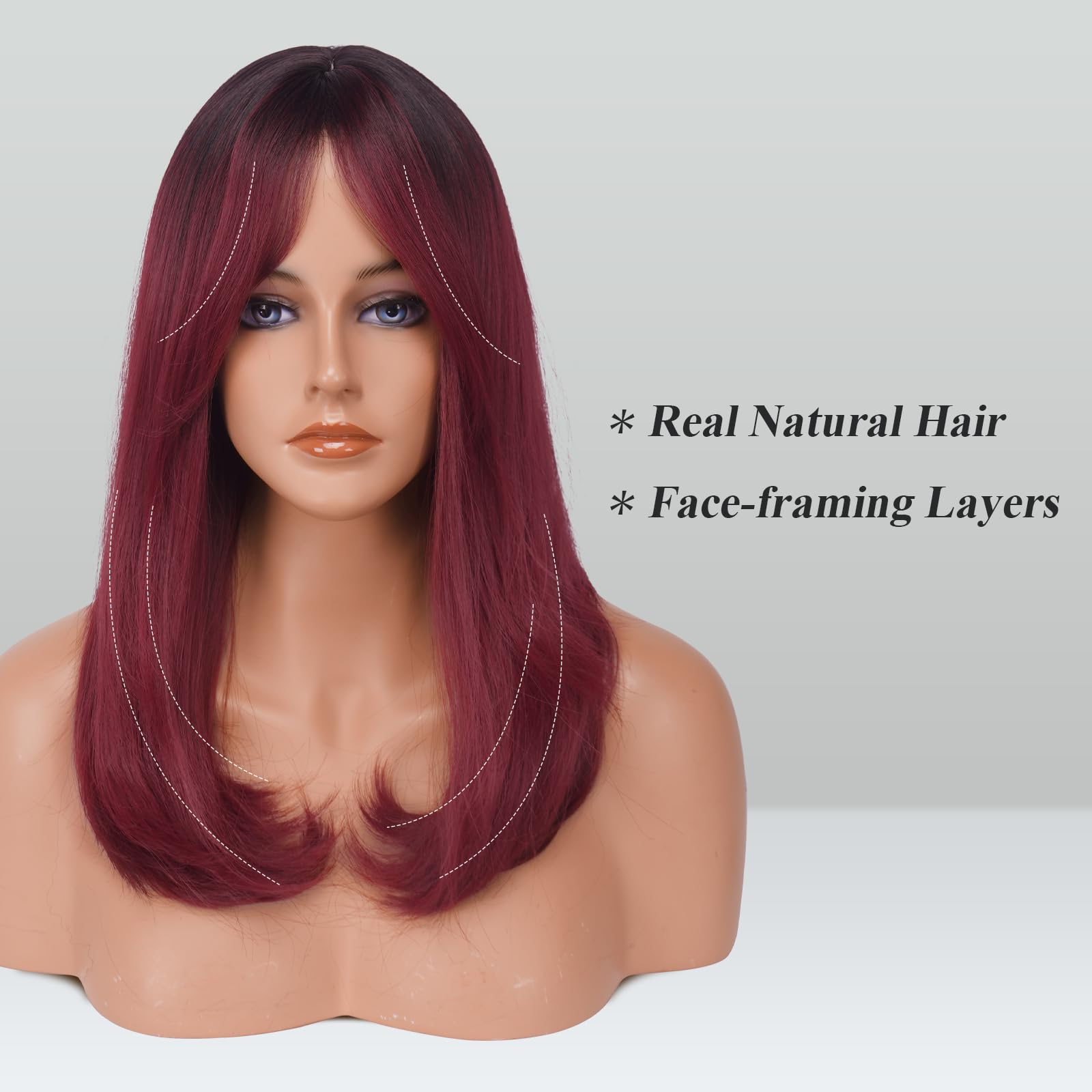 FESHFEN Ombre Wine Red Wigs with Bangs for Women Synthetic Natural Looking Long Layered Straight Hair Wig for Daily Party Use 18 inch - Image 2