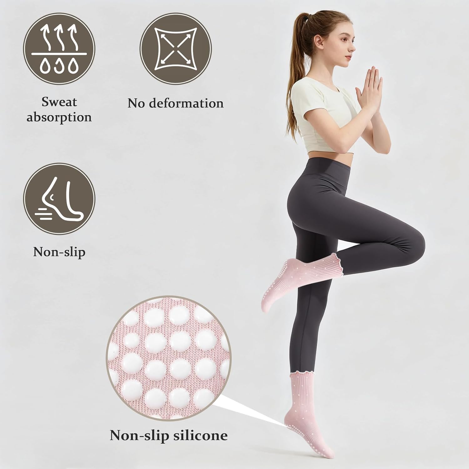 Pilates Grip Socks for Women, Ruffle Grippy Non Slip Cute Polka Dot Crew Socks for Workout Yoga Ballet Barre Dance