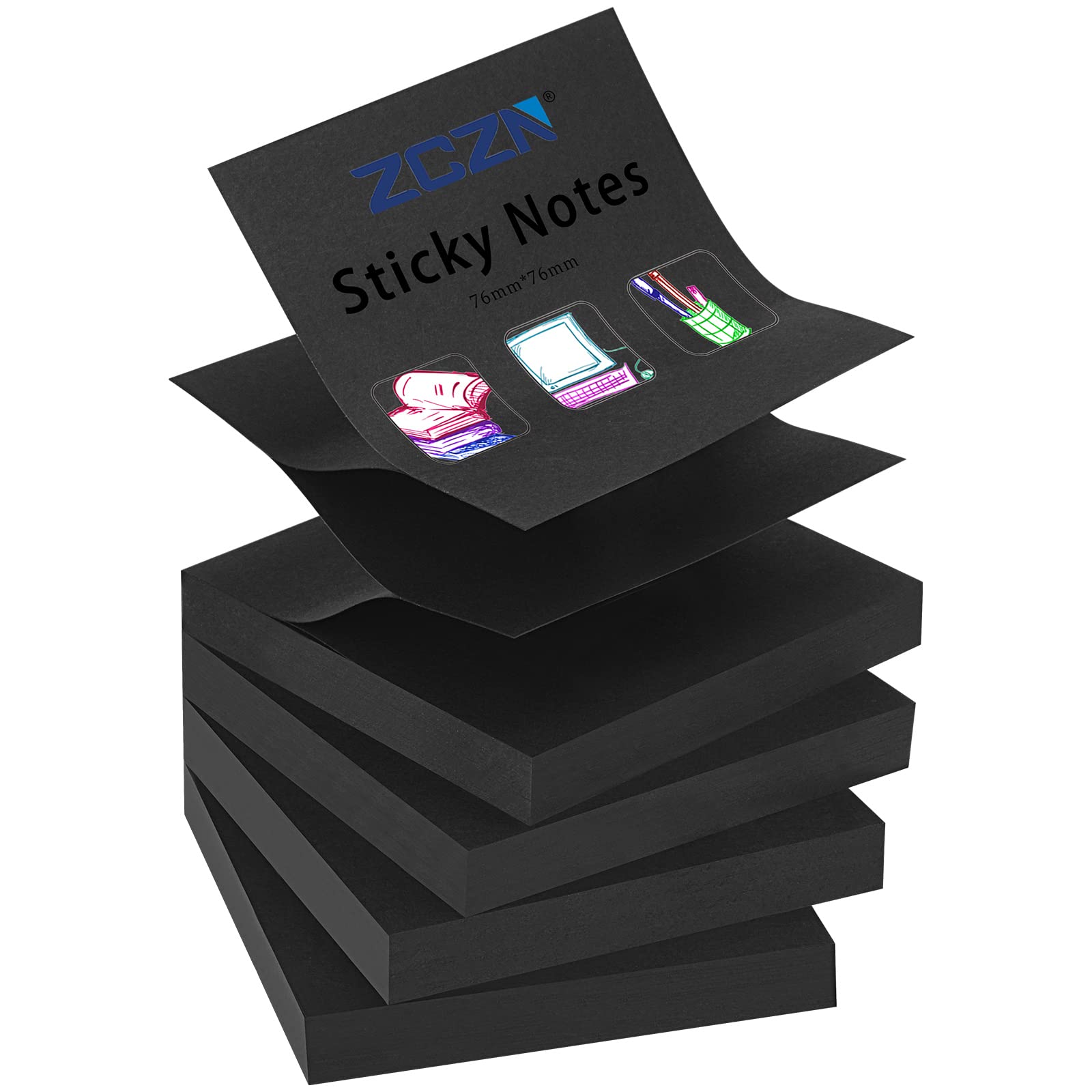 ZCZNPop-up Sticky Notes 76 x 76 mm, 4 Pads Bright Colour Self-Stick Notes, 100 Sheets/Pad, BlackThe Forest Stewardship Council