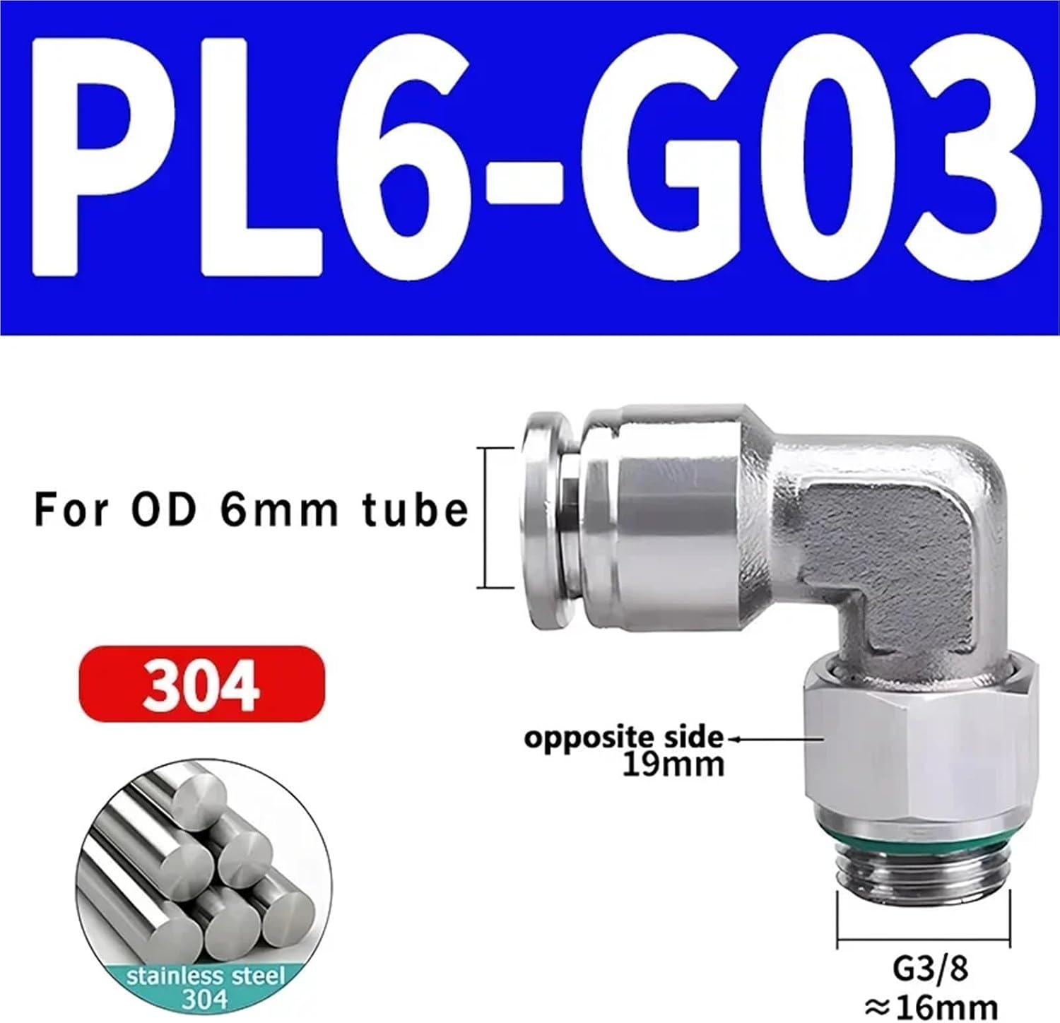 PL-G 304 Stainless Steel Trachea Quick Coupling Joint 1/8 1/4 3/8 1/2 Inch External G Thread Elbow Pneumatic Fitting 10Pcs(PL6-G03)