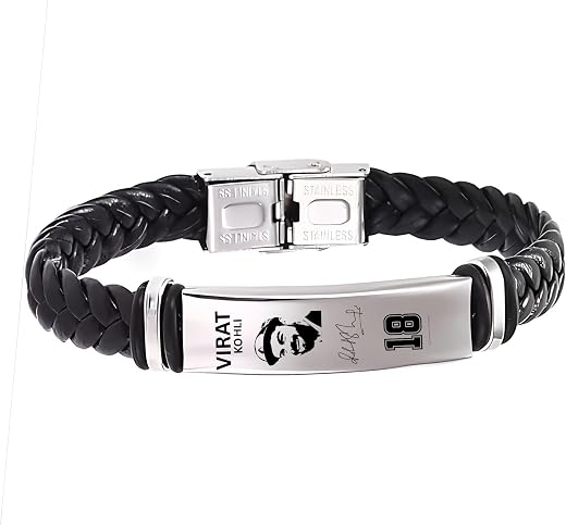 M Men Style Black Braided Cricket Star Leather Bracelet with Stainless Steel Plate &amp; Buckle Clasp | Stylish Unisex Wrist B...