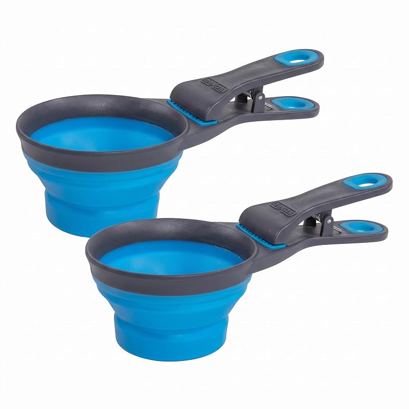 Colher medidora e clipe para saco de ração seca Dexas KlipScoop dobrável Pro Blue, capacidade de 1 xícara, pacote com 2