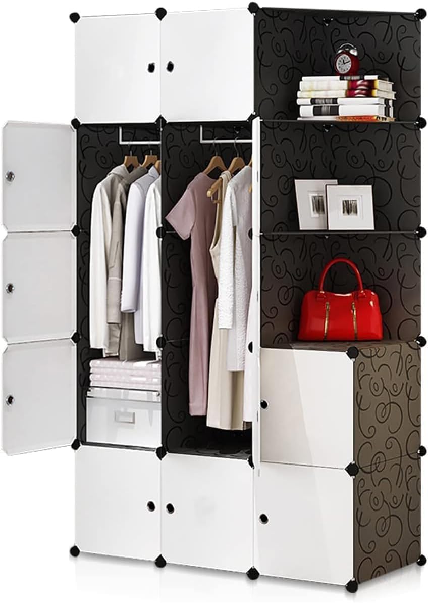 Cube Closet Wardrobe Clothes Storage Cupboard, Plastic Wardrobe Cabinet DIY Modular Cabinet 45cm Extra Large 15 Cube Organizer for Clothes Bag Abaya Coat for Bedroom Living Room 47x111x183cm