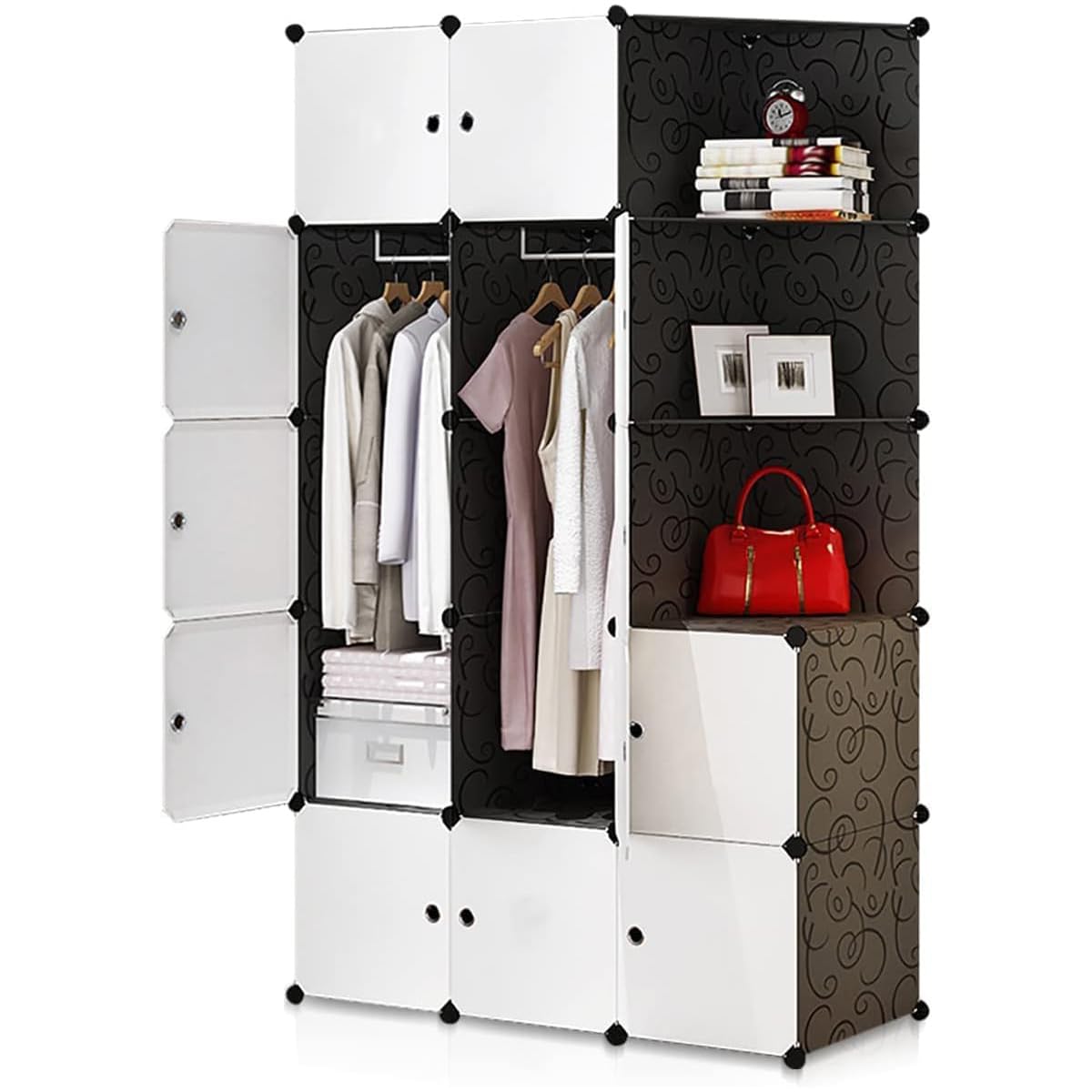 Cube Closet Wardrobe Clothes Storage Cupboard, Plastic Wardrobe Cabinet DIY Modular Cabinet 45cm Extra Large 15 Cube Organizer for Clothes Bag Abaya Coat for Bedroom Living Room 47x111x183cm