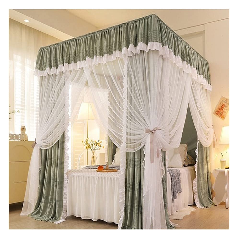 Moustiquaire de lit baldaquin 180X210 avec rideau occultant et voilage décoratif vert style 2