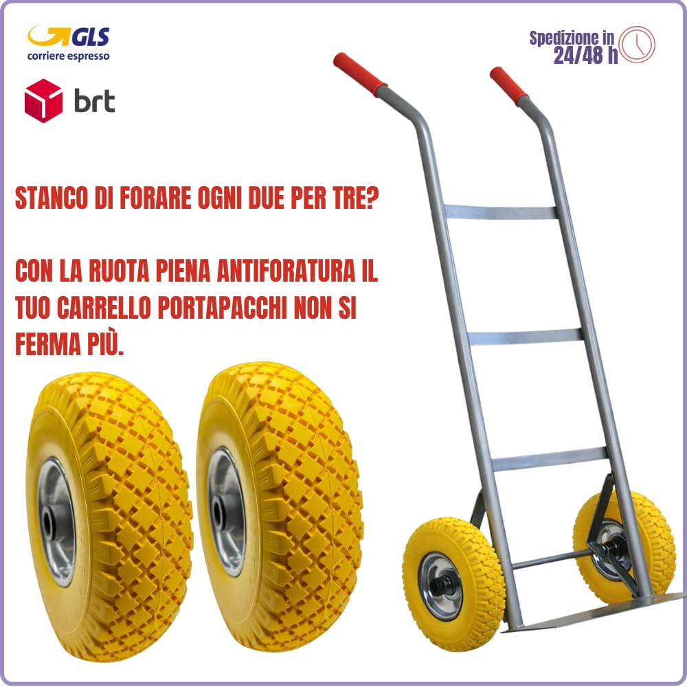 Coppia di 2 Ruote Antiforatura Piena in Gomma 3.00-4 (260x85 mm) per Carrello Porta pacchi – Foro 20 mm carichi pesanti cerchio in metallo