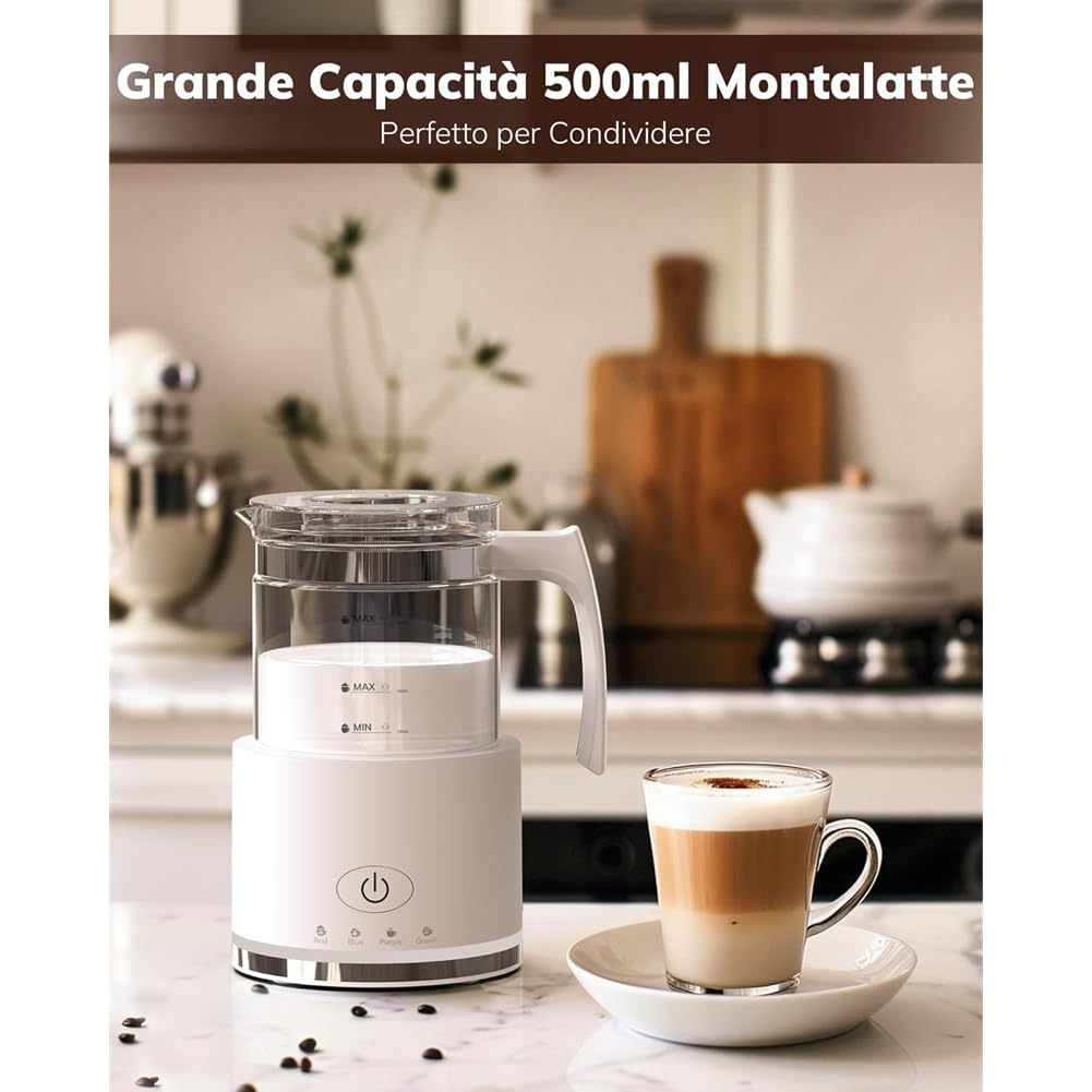 Eléctrico de Vidrio 4 en 1 Función Tapa, Capacidad de 250ml para Capuchino o 500ml de Leche Caliente, Incluye Adaptador de Corriente Europeo EU Plug Negro