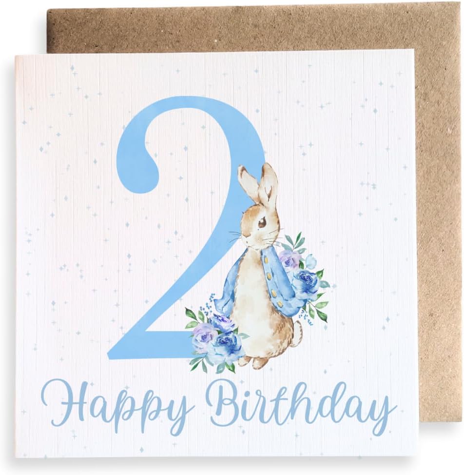 Second Ave Cute 2nd Birthday Age 2 Blue Bunny Rabbit Square Card Birthday Greeting Card for Boy