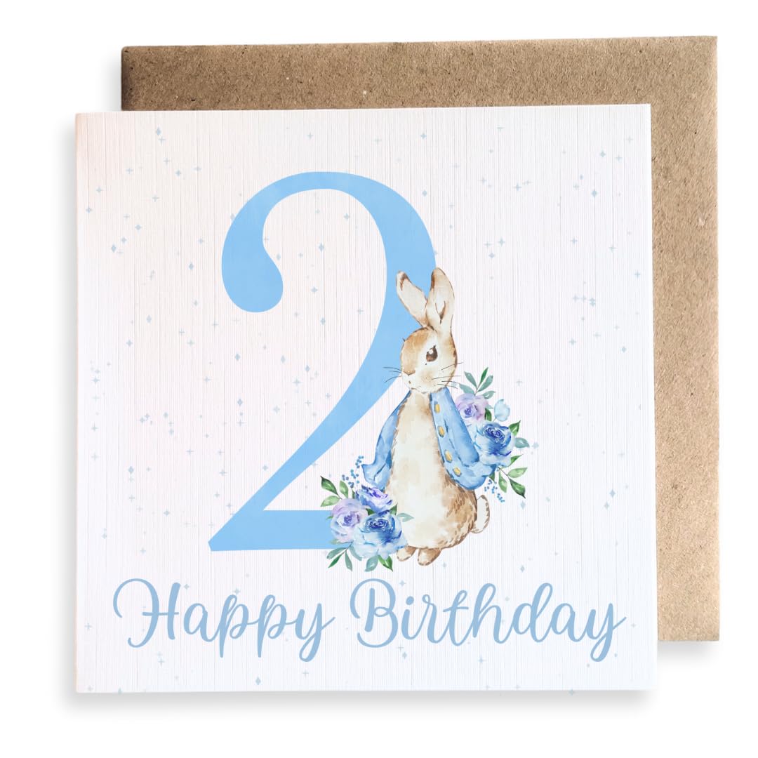 Second Ave Cute 2nd Birthday Age 2 Blue Bunny Rabbit Square Card Birthday Greeting Card for Boy